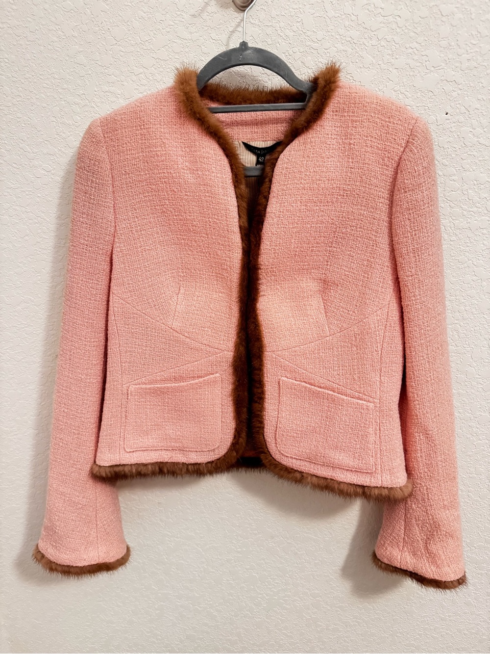 Tara Jarmon Pink Tweed Jacket with Brown Faux-Fur Trim